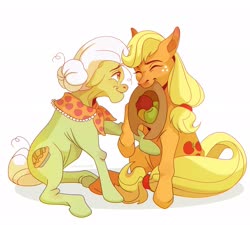 Size: 2607x2346 | Tagged: safe, artist:uneasywolf, applejack, granny smith, earth pony, pony, g4, apple, applejack's hat, cowboy hat, cute, duo, eyes closed, female, food, grandmother and grandchild, hat, high res, mare, mouth hold, simple background, sitting, smiling, white background