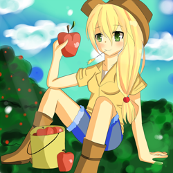 Size: 900x900 | Tagged: safe, artist:nothing-here-to-do, applejack, human, apple, food, humanized