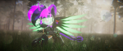 Size: 3840x1620 | Tagged: safe, artist:phoenixtm, oc, oc:phoenix stardash, alicorn, cyborg, dracony, dragon, hybrid, pony, 3d, dracony alicorn, forest, heroic posing, lens flare, spread wings, unity (game engine), wings