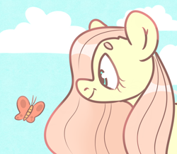 Size: 2300x2000 | Tagged: safe, artist:vailyfinch, fluttershy, butterfly, pony, g4, beanbrows, bust, cloud, cute, eyebrows, female, high res, looking at something, mare, portrait, profile, shyabetes, sky, smiling, solo