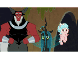 Size: 320x240 | Tagged: safe, screencap, cozy glow, lord tirek, queen chrysalis, centaur, changeling, changeling queen, pegasus, pony, frenemies (episode), g4, animated, cozy glow is not amused, evil lair, female, filly, foal, funny, gif, glare, grogar's lair, lair, male, pushing, shoving
