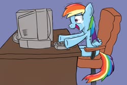 Size: 1200x800 | Tagged: artist needed, safe, rainbow dash, pegasus, pony, g4, chair, computer, crying, female, happy, keyboard, mare, monitor, open mouth, reaction, sitting, smiling, tears of joy