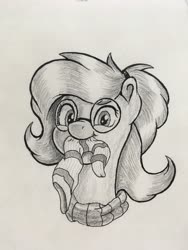 Size: 3024x4032 | Tagged: safe, artist:stink111, oc, oc only, oc:whispy slippers, pony, bust, clothes, female, glasses, head, mare, monochrome, mouth hold, portrait, sock, socks, solo, striped socks, traditional art