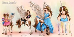 Size: 4000x2000 | Tagged: safe, artist:aerodynamict, bow tie (g1), pinkie pie, oc, oc:beau spark, butterfly, centaur, g1, g4, adult, age progression, alitaur, bangle, belly button, blouse, bracelet, brown eyes, brown hair, bust, clothes, coat markings, commission, dress, female, flower, freckles, frilly dress, hair decorations, hair over one eye, hair ribbon, hairclip, high res, hoof sandals, hooves, horn, jewelry, long hair, older, one shoulder, pegasus wings, pegataur, piebald coat, pigtails, pinto, plushie, reference sheet, saddle, sandals, shirt, simple background, smiling, sunflower, t-shirt, tack, teenager, unicorn horn, unitaur, unshorn fetlocks, wings, wings raised, young