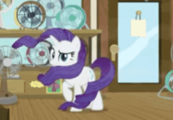 Size: 528x368 | Tagged: safe, screencap, mr breezy, rarity, g4, it isn't the mane thing about you, animated, cropped, fans, gif, windswept hair, windswept mane, windswept tail