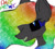 Size: 500x450 | Tagged: safe, artist:prismicdiamondart, oc, oc only, oc:prismatic spectrum rainbow, pegasus, pony, black sclera, bust, female, mare, multicolored hair, nightmarified, pegasus oc, rainbow hair, sharp teeth, simple background, smiling, solo, sombra eyes, teeth, text, white background, wings