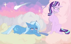 Size: 1280x789 | Tagged: safe, artist:iheeccooni, starlight glimmer, trixie, pony, unicorn, g4, blushing, cloud, comet, female, lesbian, ship:startrix, shipping, sky, smiling
