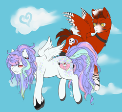Size: 2400x2200 | Tagged: safe, artist:lavvythejackalope, oc, oc only, pegasus, pony, cloud, duo, flying, heart, heartbreak, high res, looking back, pegasus oc, skull, wings