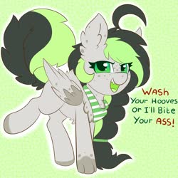 Size: 3000x3000 | Tagged: safe, artist:pegamutt, oc, oc only, oc:bree jetpaw, dog, dog pony, original species, pegasus, pony, angry, clothes, coronavirus, covid-19, female, fluffy, freckles, high res, mare, nose wrinkle, open mouth, paws, scarf, solo, text, threat