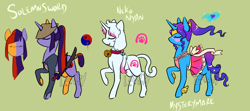 Size: 1800x800 | Tagged: safe, artist:lavvythejackalope, oc, oc only, oc:solemn sword, pony, unicorn, asian conical hat, bell, clothes, collar, dress, ethereal mane, eyes closed, female, hat, horn, horn impalement, male, mare, paw prints, raised hoof, reference sheet, simple background, skirt, smiling, stallion, starry mane, unicorn oc