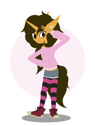 Size: 3120x4160 | Tagged: safe, artist:pam-sparky, oc, unicorn, anthro, anthro oc, clothes, converse, curly hair, hoodie, horn, lineless, peace sign, shoes, shorts, socks, sports, striped socks, tennis, unicorn oc