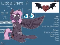Size: 4000x3000 | Tagged: safe, artist:difis, oc, oc:luscious dreams, pegasus, pony, bat wings, reference sheet, sitting, tribal, underhoof, wings