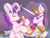 Size: 5180x3908 | Tagged: safe, artist:xbi, princess celestia, oc, oc:lapush buns, alicorn, bunnicorn, pony, unicorn, princess molestia, g4, female, jewelry, listening, male, mare, music, musical instrument, notes, playing instrument, prone, regalia, saxophone, sitting, stallion