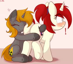 Size: 3732x3272 | Tagged: safe, artist:an-tonio, oc, oc only, oc:nuclear fusion, oc:silver draw, pony, unicorn, blushing, butt, butt freckles, butt touch, butthug, dock, exclamation point, eyes closed, faceful of ass, female, freckles, heart, high res, hoof on butt, hug, lesbian, mare, oc x oc, plot, raised leg, shipping, shrunken pupils, sitting, smiling, underhoof