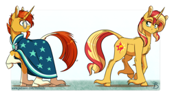 Size: 1024x575 | Tagged: safe, artist:inuhoshi-to-darkpen, artist:parclytaxel, sunburst, sunset shimmer, classical unicorn, pony, unicorn, g4, cape, chest fluff, clothes, duo, ear fluff, female, glasses, horn, leonine tail, long feather, looking at each other, looking back, male, mare, robe, stallion, sunburst's cloak, sunburst's glasses, unshorn fetlocks, yellow coat