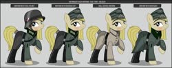 Size: 1280x512 | Tagged: safe, artist:brony-works, oc, oc only, earth pony, pony, boots, clothes, earth pony oc, eyelashes, female, hat, helmet, mare, nazi germany, raised hoof, reference sheet, shoes, smiling, solo, uniform, wehrmacht, world war ii