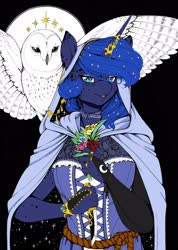 Size: 2465x3455 | Tagged: safe, artist:longinius, artist:sfmqueen, princess luna, alicorn, bird, owl, snowy owl, anthro, g4, :p, alternate hairstyle, beautiful, bracelet, choker, cloak, clothes, evening gloves, female, fingerless elbow gloves, fingerless gloves, flower, freckles, gloves, high res, hood, horn, horn jewelry, horn ring, jewelry, knife, lace, long gloves, looking at you, mare, mottled coat, ribbon, ring, spread wings, tongue out, wings