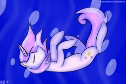 Size: 1500x1000 | Tagged: safe, artist:dizaster321, fleur-de-lis, pony, unicorn, g4, abstract background, eyes closed, female, floating, mare, peril, sinking, solo, underwater