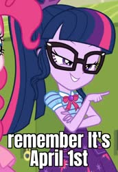 Size: 745x1080 | Tagged: safe, edit, edited screencap, screencap, pinkie pie, sci-twi, twilight sparkle, equestria girls, equestria girls series, g4, holidays unwrapped, o come all ye squashful, spoiler:eqg series (season 2), april fools, bowtie, canterlot high, caption, clothes, collar, cropped, cute, female, geode of telekinesis, glasses, high school, image macro, jewelry, lidded eyes, lockers, magical geodes, meme, pockets, pointing, ponytail, reaction image, shirt, short sleeves, skirt, smiling, text