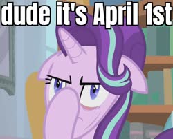 Size: 820x659 | Tagged: safe, edit, edited screencap, screencap, starlight glimmer, pony, unicorn, a horse shoe-in, g4, april fools, bookshelf, caption, cropped, facehoof, faic, female, floppy ears, great moments in animation, image macro, mare, meme, reaction image, solo, text, why the long face