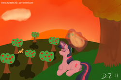 Size: 1640x1080 | Tagged: safe, artist:dizaster321, applejack, twilight sparkle, pony, unicorn, g4, 2011, apple, apple tree, applejack's hat, cowboy hat, hat, hat thief, levitation, magic, sitting, sunset, sweet apple acres, telekinesis, tree