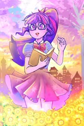 Size: 1000x1500 | Tagged: safe, artist:hobilo, sci-twi, twilight sparkle, equestria girls, equestria girls series, g4, book, building, cherry blossoms, clothes, colored pupils, cute, female, flower, flower blossom, legs together, open mouth, paraskirt, sci-twi skirt, skirt, solo, spring, tree, twiabetes