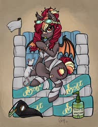 Size: 2550x3300 | Tagged: safe, artist:luckyponytattoo, oc, oc only, oc:corona chan, oc:porona, bat pony, pony, rat, bandaid, bandaid on nose, bat pony oc, bat wings, candy, coronavirus, covid-19, ear piercing, earring, food, goggles, hand sanitizer, high res, jewelry, lollipop, piercing, plague doctor mask, povid-19, sexy, toilet paper, wings