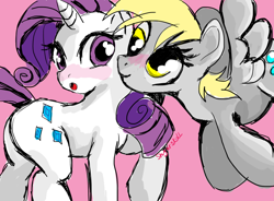 Size: 800x589 | Tagged: safe, artist:shugarsketch, derpy hooves, rarity, pegasus, pony, unicorn, g4, blushing, derpity, female, flying, lesbian, pink background, shipping, simple background, wrong eye color