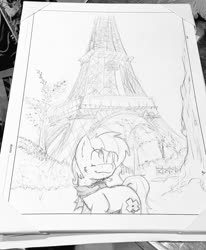 Size: 844x1024 | Tagged: safe, alternate version, artist:lucas_gaxiola, oc, oc only, oc:charmed clover, earth pony, pony, clothes, earth pony oc, eiffel tower, irl, lineart, male, photo, scarf, solo, stallion, traditional art
