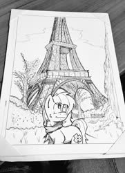 Size: 743x1024 | Tagged: safe, alternate version, artist:lucas_gaxiola, oc, oc only, oc:charmed clover, earth pony, pony, clothes, earth pony oc, eiffel tower, irl, lineart, male, photo, scarf, solo, stallion, traditional art