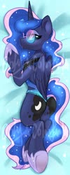 Size: 1638x4096 | Tagged: safe, artist:oofycolorful, princess luna, alicorn, pony, g4, body pillow, body pillow design, both cutie marks, butt, chest fluff, clothes, cute, female, implied tail hole, looking at you, lunabetes, mare, moonbutt, one-piece swimsuit, open-back swimsuit, plot, profile, prone, solo, sunglasses, swimsuit, watermark