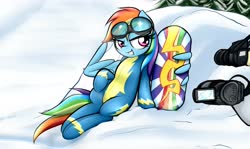Size: 4096x2441 | Tagged: safe, alternate version, artist:jetwave, rainbow dash, pegasus, pony, art pack:clop for a cause 2, g4, camera, clothes, cute, dashabetes, female, goggles, high res, mare, offscreen character, peace sign, pose, sitting, smiling, snow, snowboard, solo, uniform, wing hands, wing hold, wings, winter, wonderbolts uniform