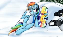 Size: 4096x2441 | Tagged: safe, alternate version, artist:jetwave, rainbow dash, pegasus, pony, art pack:clop for a cause 2, g4, camera, clothes, cute, dashabetes, female, goggles, high res, legs together, leotard, mare, offscreen character, peace sign, pose, sitting, smiling, snow, snowboard, solo, swimsuit, swimsuit edit, wing hands, wing hold, wings, winter