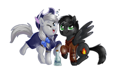 Size: 4000x2500 | Tagged: oc name needed, safe, artist:avui, oc, oc only, pony, bottle, clothes, couple, drunk, simple background, transparent background