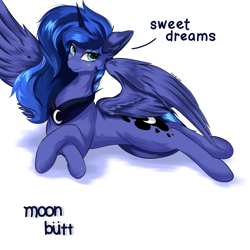 Size: 4096x4096 | Tagged: safe, artist:xxpaw2001xx, princess luna, alicorn, pony, g4, absurd resolution, cute, dialogue, ear fluff, female, hip, lunabetes, mare, moonbutt, simple background, solo, spread wings, white background, wings