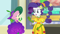 Size: 1920x1080 | Tagged: safe, screencap, fluttershy, rarity, equestria girls, equestria girls series, g4, holidays unwrapped, o come all ye squashful, spoiler:eqg series (season 2), bare shoulders, canterlot high, clothes, cornucopia costumes, dress, duo, duo female, female, gloves, hat, puffy sleeves, sleeveless, smiling, sun hat