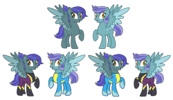 Size: 6893x4006 | Tagged: safe, artist:harmonyharp, oc, oc only, oc:lightning skies, oc:rainy skies (ice1517), pegasus, pony, icey-verse, blank flank, clothes, costume, ear piercing, earring, female, jewelry, magical gay spawn, mare, offspring, open mouth, parent:open skies, parent:thunderlane, parents:thunderskies, piercing, raised hoof, shadowbolts, shadowbolts costume, siblings, simple background, sisters, transparent background, twins, uniform, wonderbolts, wonderbolts uniform