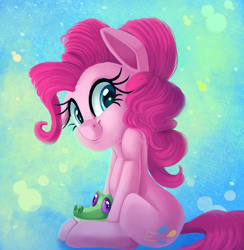 Size: 974x1000 | Tagged: safe, artist:discorded, gummy, pinkie pie, alligator, earth pony, pony, g4, blue background, cute, diapinkes, duo, female, mare, one ear down, simple background, sitting, smiling