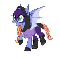 Size: 2856x2760 | Tagged: safe, artist:harmonyharp, oc, oc only, oc:nite-wing, bat pony, pony, icey-verse, bat pony oc, boots, cape, clothes, female, gloves, grin, high res, hoodie, magical lesbian spawn, mare, mask, offspring, pants, parent:oc:barbat gordon, parent:oc:kara krypta, parents:karabat, parents:oc x oc, ponytail, raised hoof, raised leg, shirt, shoes, simple background, smiling, solo, t-shirt, transparent background