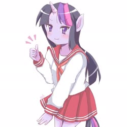 Size: 2048x2048 | Tagged: safe, artist:moh_mlp2, twilight sparkle, anthro, g4, ambiguous facial structure, anime, blushing, clothes, crossover, cute, female, high res, looking at you, lucky star, miniskirt, moe, pleated skirt, sailor uniform, skirt, solo, style emulation, thumbs up, twiabetes, uniform