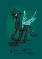 Size: 2479x3508 | Tagged: safe, artist:jatewg, queen chrysalis, changeling, changeling queen, g4, crown, female, green background, high res, jewelry, regalia, simple background, solo