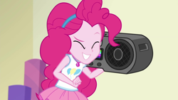 Size: 1920x1080 | Tagged: safe, screencap, pinkie pie, equestria girls, equestria girls specials, g4, my little pony equestria girls: better together, my little pony equestria girls: holidays unwrapped, o come all ye squashful, boombox, cute, diapinkes, eyes closed, female, geode of sugar bombs, magical geodes, smiling, solo