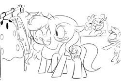 Size: 1500x1020 | Tagged: safe, artist:pinkiespresent, applejack, fluttershy, pinkie pie, rainbow dash, earth pony, pegasus, pony, g4, clothes, costume, halloween, halloween costume, holiday, monochrome, nightmare night, nightmare night costume, sketch