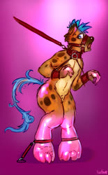 Size: 403x650 | Tagged: safe, artist:turbinedivinity, part of a set, oc, oc only, hyena, anthro, digitigrade anthro, bondage, bridle, collar, cuffs, furry to pony, gradient background, latex, leash, male, malesub, open mouth, signature, submissive, tack, tether, transformation