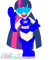 Size: 1024x1229 | Tagged: safe, artist:xxfluffypachirisuxx, twilight sparkle, human, g4, boots, breasts, busty twilight sparkle, humanized, magic gaia, one eye closed, shoes, simple background, superhero, thigh boots, transparent background, waving, wink