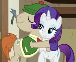Size: 943x769 | Tagged: safe, screencap, mr. breezy, rarity, pony, g4, it isn't the mane thing about you, cropped, duo, hug, lidded eyes