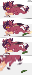 Size: 1714x4000 | Tagged: safe, artist:drizziedoodles, oc, oc only, oc:berry limeade, oc:oxide, griffon, original species, behaving like a cat, comic, cucumber, food, griffons doing cat things, gun, handgun, leonine tail, motion blur, offscreen character, paws, ponytail, revolver, scared, talons, weapon, wings