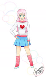 Size: 1074x1797 | Tagged: safe, artist:rossgricell, oc, oc only, oc:fluffle puff, human, beautiful, clothes, cute, flufflebetes, humanized, leg warmers, miniskirt, ocbetes, pleated skirt, shoes, simple background, skirt, solo, sweater, white background