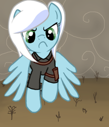 Size: 294x341 | Tagged: safe, artist:priorknight, oc, oc only, oc:serene breeze, pegasus, pony, fallout equestria, clothes, female, flying, frown, mare, pegasus oc, solo, wings