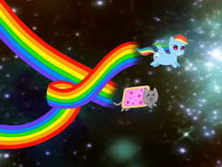 Size: 1828x1377 | Tagged: safe, artist:rossgricell, cat, pegasus, pony, duo, food, nyan cat, nyan dash, poptart, rainbow, rainbow trail, space